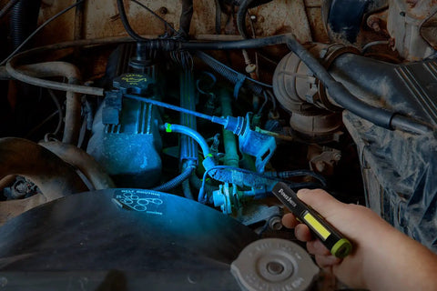 Using Rechargeable Inspection Pen Light With 450 Lumen Flood And 140 Lumen Spot in an engine bay for inspection