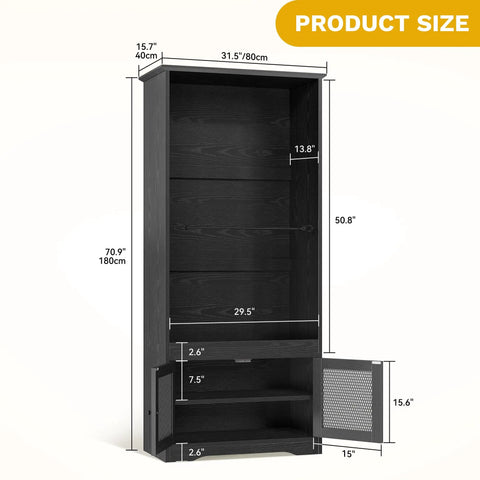 Dimensions of black wooden golf bag organizer cabinet with turf mat protection for garage or home, holding two golf bags.