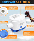 Automatic 12V Boat Bilge Pump Kit With 1-1/8 Inch Electric Bilge Water Pump showing white exterior and wiring