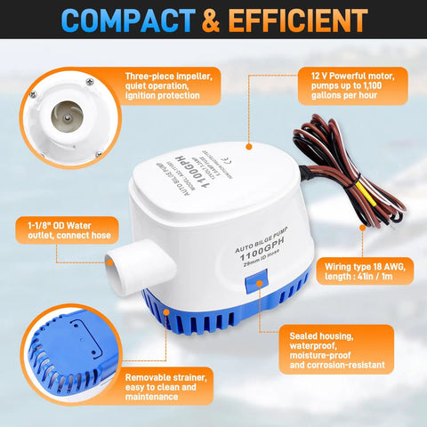 Automatic 12V Boat Bilge Pump Kit With 1-1/8 Inch Electric Bilge Water Pump showing white exterior and wiring