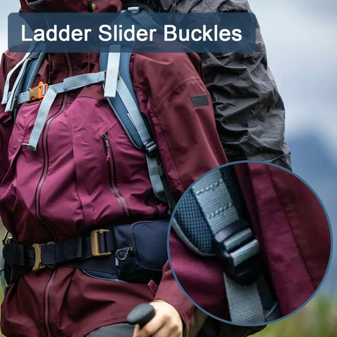 12 Pack 3/4 Inch Plastic Ladder Buckles for Backpack Straps and Nylon Webbing, Slider Buckle Replacement Clips shown on backpack