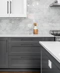 Kitchen view with Matte Black 10 Inch Square Cabinet Pulls, 5 Pack, 12-1/2 Inch Overall Length on dark grey cabinets