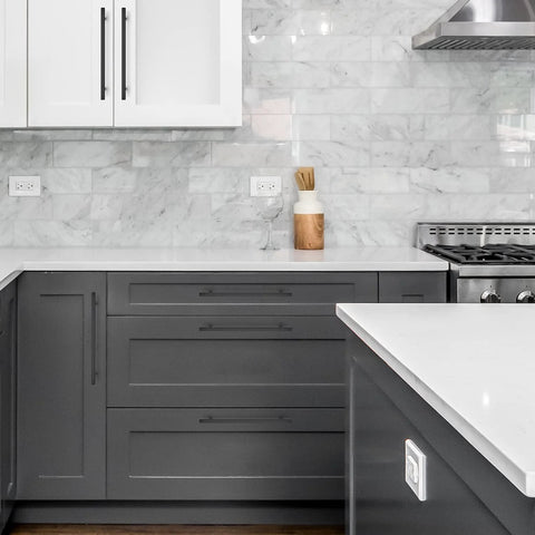 Kitchen view with Matte Black 10 Inch Square Cabinet Pulls, 5 Pack, 12-1/2 Inch Overall Length on dark grey cabinets