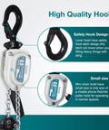 Close-up of Mini Chain Hoist 1100Lb Manual Lever Hoist One Half Ton Mini Puller 10Ft with safety hook and compact design