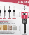 Five Piece Countersink Drill Bit Set With Low Friction Depth Stop For Woodworking, sizes and applications displayed