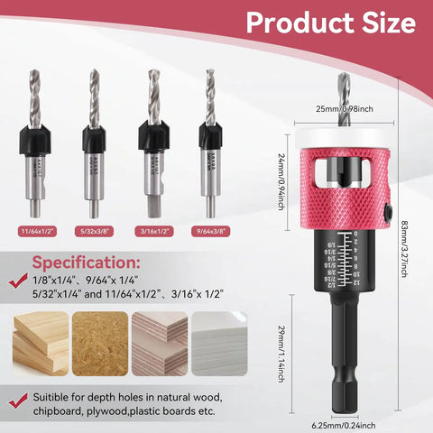 Five Piece Countersink Drill Bit Set With Low Friction Depth Stop For Woodworking, sizes and applications displayed