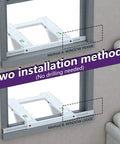 Two installation methods of No Drill Window Air Conditioner Bracket For 12,000 To 24,000 BTU Units showing window frame and ledge options.