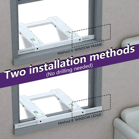 Two installation methods of No Drill Window Air Conditioner Bracket For 12,000 To 24,000 BTU Units showing window frame and ledge options.