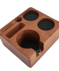 Solid Built 58mm Wooden Coffee Tamper Station With Adjustable Portafilter Holder And Catch Pan top view showing compartments and walnut wood design.