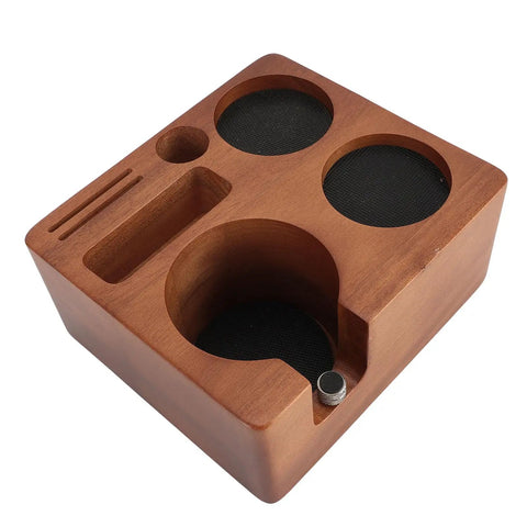 Solid Built 58mm Wooden Coffee Tamper Station With Adjustable Portafilter Holder And Catch Pan top view showing compartments and walnut wood design.
