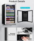 126 Can Beverage Refrigerator With Glass Door 3.2 Cu Ft Mini Fridge showing interior shelves, recessed door handle, and reversible door.