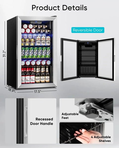 126 Can Beverage Refrigerator With Glass Door 3.2 Cu Ft Mini Fridge showing interior shelves, recessed door handle, and reversible door.