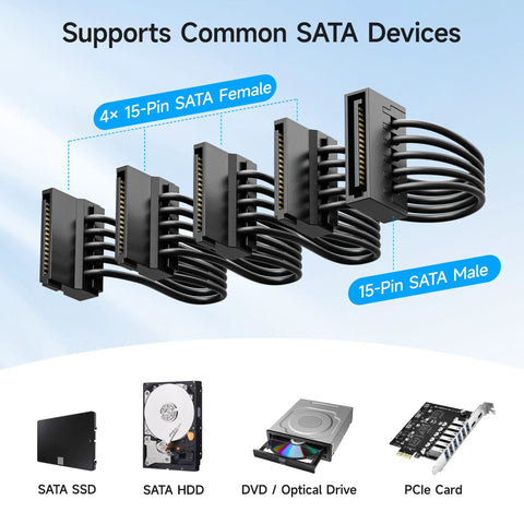 2-Pack SATA Power Splitter Cable 1 to 4, 18 AWG, 18 Inches black cable with 4x 15-pin SATA female and male connectors