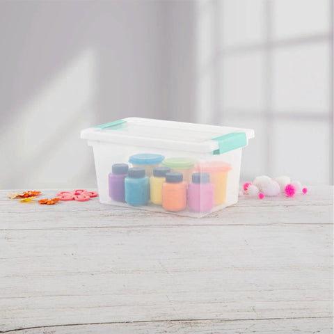 Sixteen Pack Clip Boxes Stackable Clear Plastic Storage Bins With Latching Lids show craft supplies inside on a wooden surface