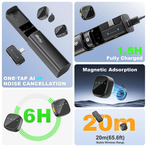 AI Noise Reduction Wireless Lavalier Mic With USB C For Android And iPhone 15 16 17 Magnetic Clip On Crystal Clear Voice Reverb Control Charging Case Mini Lapel Mic For YouTube TikTok And Vlogging, showing components and features like 20m range, 6h battery, magnetic clip.