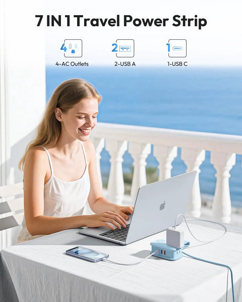 Woman using laptop with Go To Travel Power Strip With USB Ports And Flat Plug Two Outlets And Three USB Ports Three Foot Extension Cord