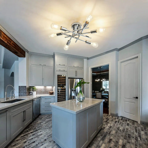 Six Lights Semi Flush Mount Ceiling Fixture With Modern Chrome Matte Finish Sputnik Chandelier For Farmhouse Kitchen