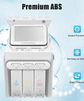 Front view of 6 in 1 Hydrogen Oxygen Facial Machine with touchscreen and labeled containers, made from premium ABS material.
