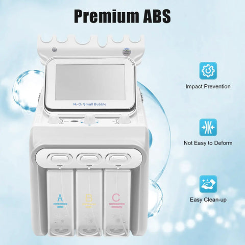 Front view of 6 in 1 Hydrogen Oxygen Facial Machine with touchscreen and labeled containers, made from premium ABS material.
