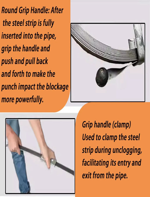 No Junk Heavy Duty Main Line Drain Auger Strip with round grip handle for effective unclogging of pipes.