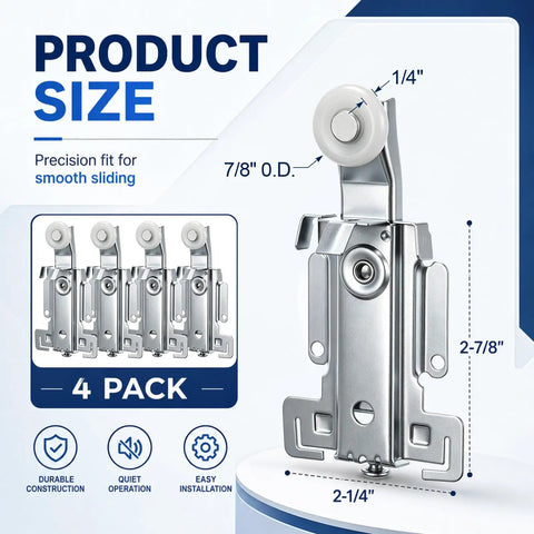 4 Piece Panel Wardrobe Door Rollers 7/8 Inch Replacement Hardware For Older Style Sliding Closet Doors Glides Like A Champ close-up of heavy duty swivel wheel with dimensions.