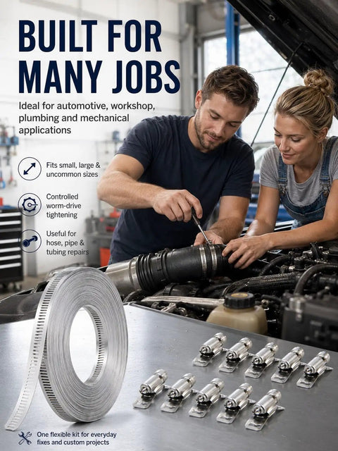 Get That Custom Cut Hose Clamp Kit You Need By The Foot With This Awesome Stainless Steel Worm Gear Roll For All Your Home Repair Projects Made From Tough 304 Metal To Fit Any Pipe Size. 30 ft roll and 8 fasteners for workshop repairs