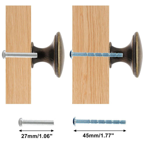 Antique Brass Round Cabinet Knobs 16 Pack for Kitchen Cabinets, includes mounting screws, diameter 1.14 inches, height 0.83 inches.