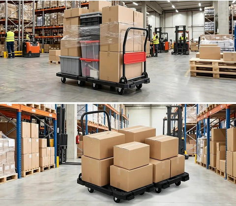 Heavy Duty Foldable Platform Cart Push Dolly Built Tough For Moving Heavy Loads Portable Black Push Cart With Smooth Roll Wheels Ideal For Home Garage Warehouse And Job Sites in warehouse with boxes