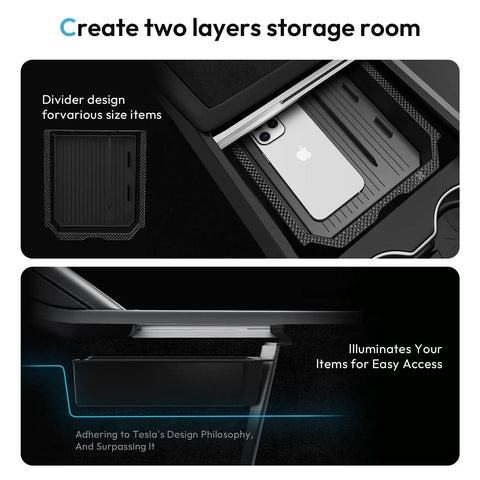 Tesla Center Console Organizer Tray For Model Y Juniper 2025 2026 And Model 3 Highland 2024 2026 shown with storage compartments