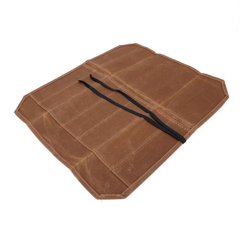 Waxed Canvas Chef Knife Roll Bag Seven Slots Lightweight Knife Carrier for kitchen use, open view showing interior compartments.