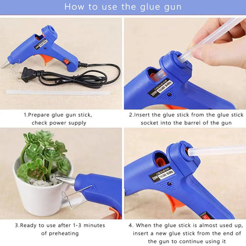 Mini Hot Glue Gun Kit 20W With 10 7mm Glue Sticks Anti Drip Spout Heat Resistant Cap for DIY projects in use steps guide.