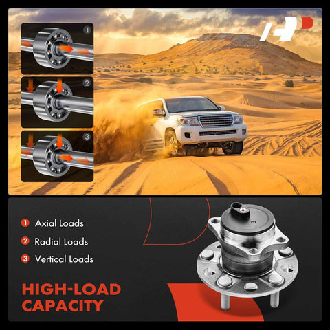 Rear Wheel Bearing Hub Assembly 5-Lug Compatible For Mitsubishi Outlander 2011-2012, Outlander Sport 2011-2012, Lancer 2008-2017 FWD ABS Compatible Rock-Solid Durable Replacement Part with high-load capacity chart and SUV driving through sand dunes.