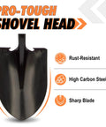 Close-up of shovel head showing rust-resistant high carbon steel blade of Beastly Heavy Duty Steel Digging Shovel with Fiberglass Handle