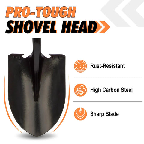 Close-up of shovel head showing rust-resistant high carbon steel blade of Beastly Heavy Duty Steel Digging Shovel with Fiberglass Handle