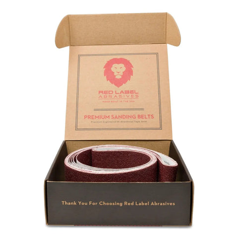 Open box of 2 X 42 Inch Flexible Aluminum Oxide Sanding Belts Set For Woodworking, Leather, Rubber, Plastics, and Light Metal Working Bang For Your Buck 60 80 120 220 320 400 Grit 6 Pack Assortment