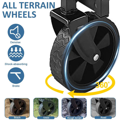 Close-up of all-terrain wheel on Collapsible Utility Cart Folding Wagon With 320 Lbs Capacity, Lightweight Rolling Cart With Quiet Wheels, Quick Fold Design For Camping, Shopping And Outdoor Use, Green.