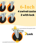 6-inch swivel casters, two with locks for Heavy Duty Plastic Utility Cart 34 By 17 Inches With Deep Shelves And Full Swivel 6 Inch Casters Tough Polypropylene Service Cart Holds Up To 550 Lbs Two Tier Warehouse Cart For Indoor Or Outdoor Use.
