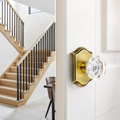 Snag This Crisp Pair Of Clear Glass Dummy Door Knobs In Classic Antique Bronze, Zero Hassle No Drill Surface Mount For Closets And French Doors, Slick Vintage Hardware To Upgrade Your Setup, installed on a modern door.