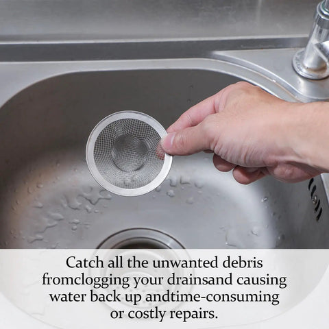 100 Pack Heavy Duty Stainless Steel Sink Strainers And Drain Basket Filters Keep Kitchen And Bathroom Pipes Slick No More Clogs, shown in hand above sink.