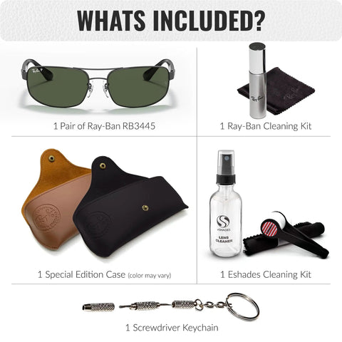 Rectangle Polarized Sunglasses For Men With G15 Green Lens And Modern Edge Frame Built To Handle Formal And Casual Looks All Day Comfort Includes Official Eyewear Kit And Case Your Go To Everyday Style, shown with cleaning kits, special edition case, and screwdriver keychain.