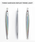 High Impact Saltwater Fishing Jigs For Speed Jigging With Barbed Hooks And Solid Lead Core Built For Rapid Drop Offshore Casting And Slick Rolling Action With Top Shelf Tackle Power In Shiny Silver, showcasing three reflective surfaces.