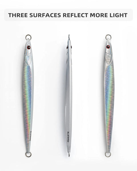 High Impact Saltwater Fishing Jigs For Speed Jigging With Barbed Hooks And Solid Lead Core Built For Rapid Drop Offshore Casting And Slick Rolling Action With Top Shelf Tackle Power In Shiny Silver, showcasing three reflective surfaces.