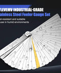 Stainless steel folding feeler gauge set with 32 straight and 16 offset blades, dual SAE/metric marks