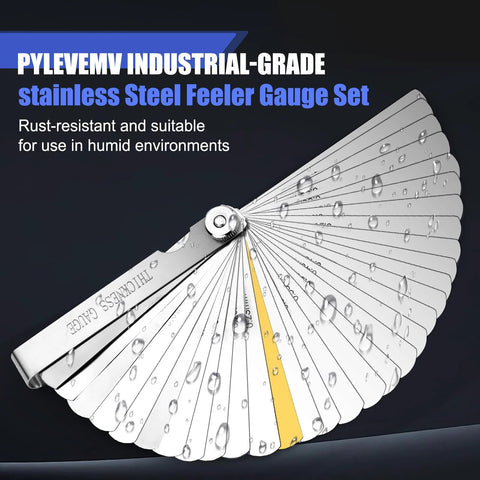 Stainless steel folding feeler gauge set with 32 straight and 16 offset blades, dual SAE/metric marks