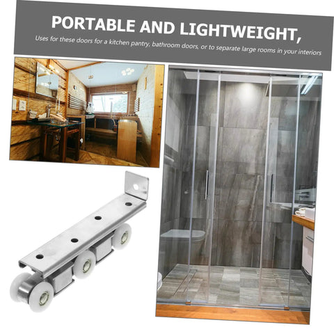 Premium Heavy Duty Barn Door Slider Track Wheel Kit With Smooth Silent Rolling Bearings For Quick Hassle Free Setup and Top Shelf Pantry Bedroom Closet Hardware, showing roller track for bathroom doors.