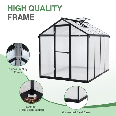 Walk In Greenhouse With Gutter And Polycarbonate Panels, Heavy Duty Aluminum Frame, Adjustable Skylight, Lockable Two Sided Door, 6 X 8 Ft, For Patio Outdoor Yard Lawn Use, Black
