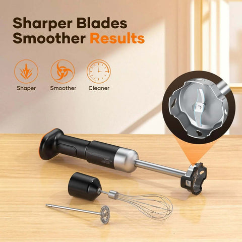 Cordless Immersion Blender With Removable 6000mAh Battery And Magnetic Fast Charging 5 In 1 Hand Mixer close-up of sharper stainless steel blades.