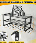 Wall Mount Tool Organizer Rack With Four Cordless Drill Holders Three Layer Garage Storage Shelf Heavy Duty Iron Matte Black Keeps Your Shop Clean And Ready 150 Lb Load Capacity, dimensions and load capacity displayed.