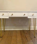 White desk with 34 Inch Hairpin Table Legs Set With 0.5 Inch Diameter Three Rods, Heavy Duty Gold Metal Furniture Legs For Coffee Table