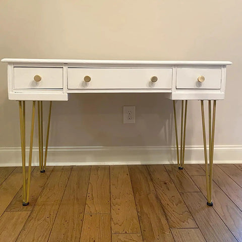 White desk with 34 Inch Hairpin Table Legs Set With 0.5 Inch Diameter Three Rods, Heavy Duty Gold Metal Furniture Legs For Coffee Table